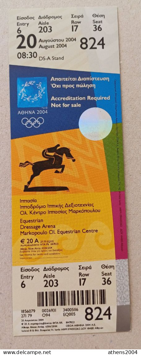 Athens 2004 Olympic Games - Equestrian Unused Ticket, Code: 824 - Bekleidung, Souvenirs Und Sonstige