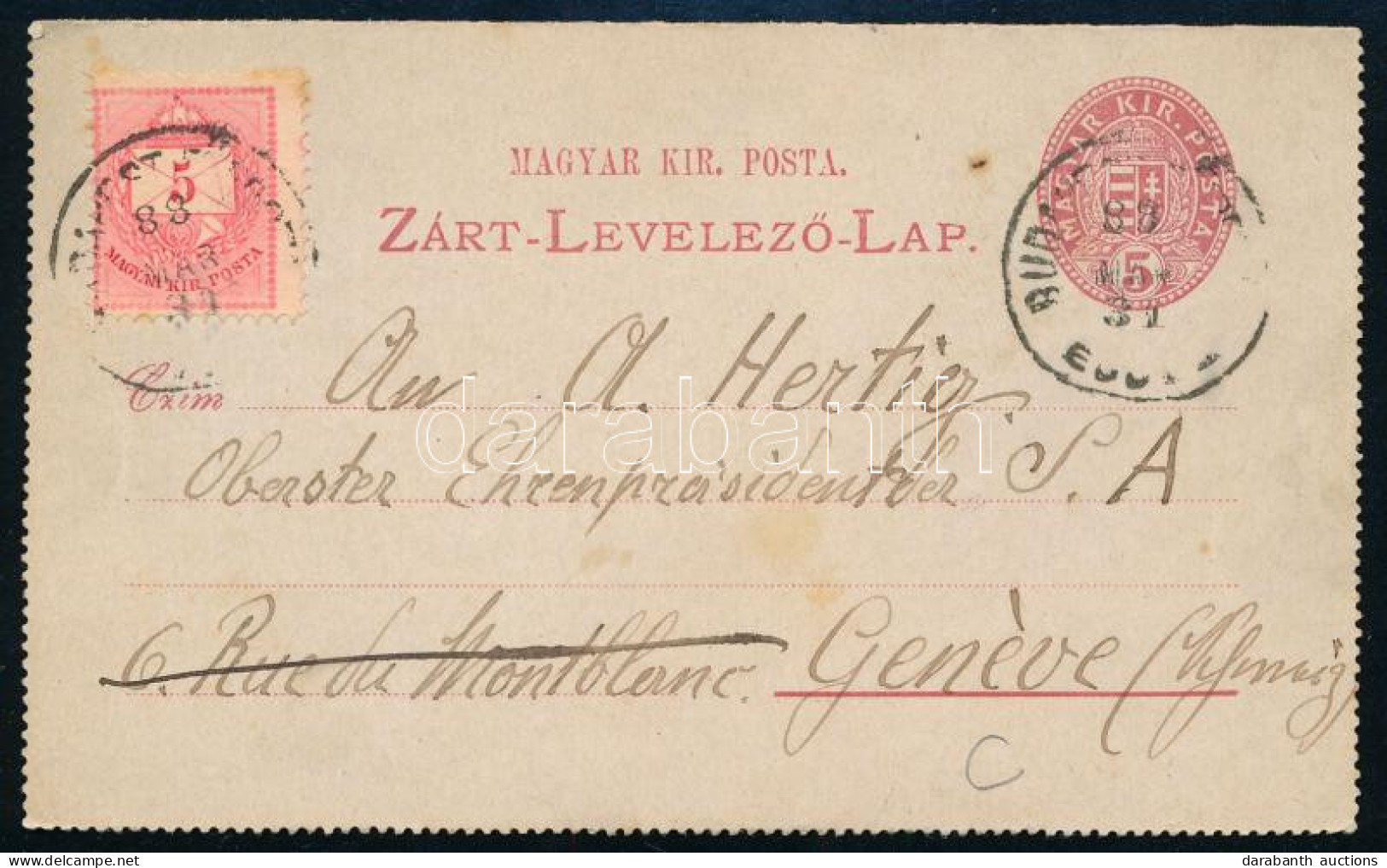 1888 5kr Díjjegyes Zárt Levelezőlap 5kr Díjkiegészítéssel Svájcba Küldve / PS-cover With 5kr Additional Franking "BUDAPE - Sonstige & Ohne Zuordnung