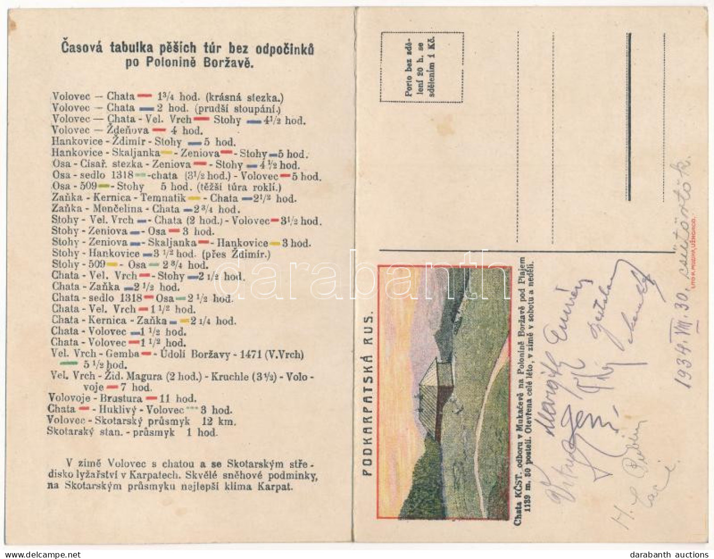 * T2/T3 1934 Polonina Borzhava, Chata KCST Odboru V Mukaceve Na Polonine Borzave Pod Plajem. Mapa Turistickych / Menedék - Zonder Classificatie