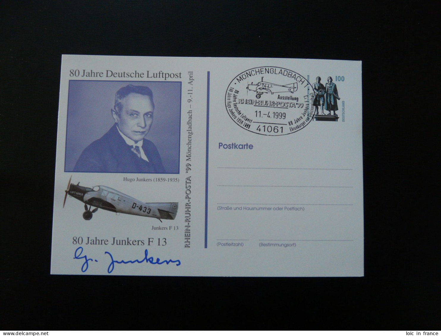 Entier Postal Stationery Card Aviation 80 Years Junkers F13 Rhein-Rurh-Posta 1999 - Privé Postkaarten - Gebruikt