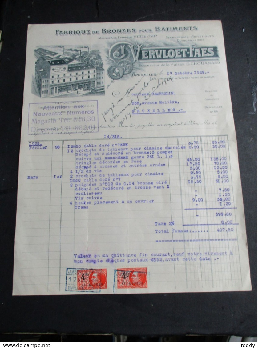 Oude  1929  Faktuur   Fabrique  De  BRONZES  Pour  Batiments   VERVLOET --FAES   Chaussée  De Wavre  BRUXELLES - Artesanos