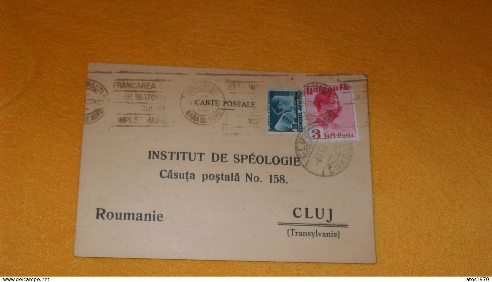 CARTE POSTALE ANCIENNE DE 1937../ CACHETS BUCURESTI GARA DE NORD POUR INSTITUT DE SPEOLOGIE CLUJ + TIMBRES X2 - Lettres & Documents