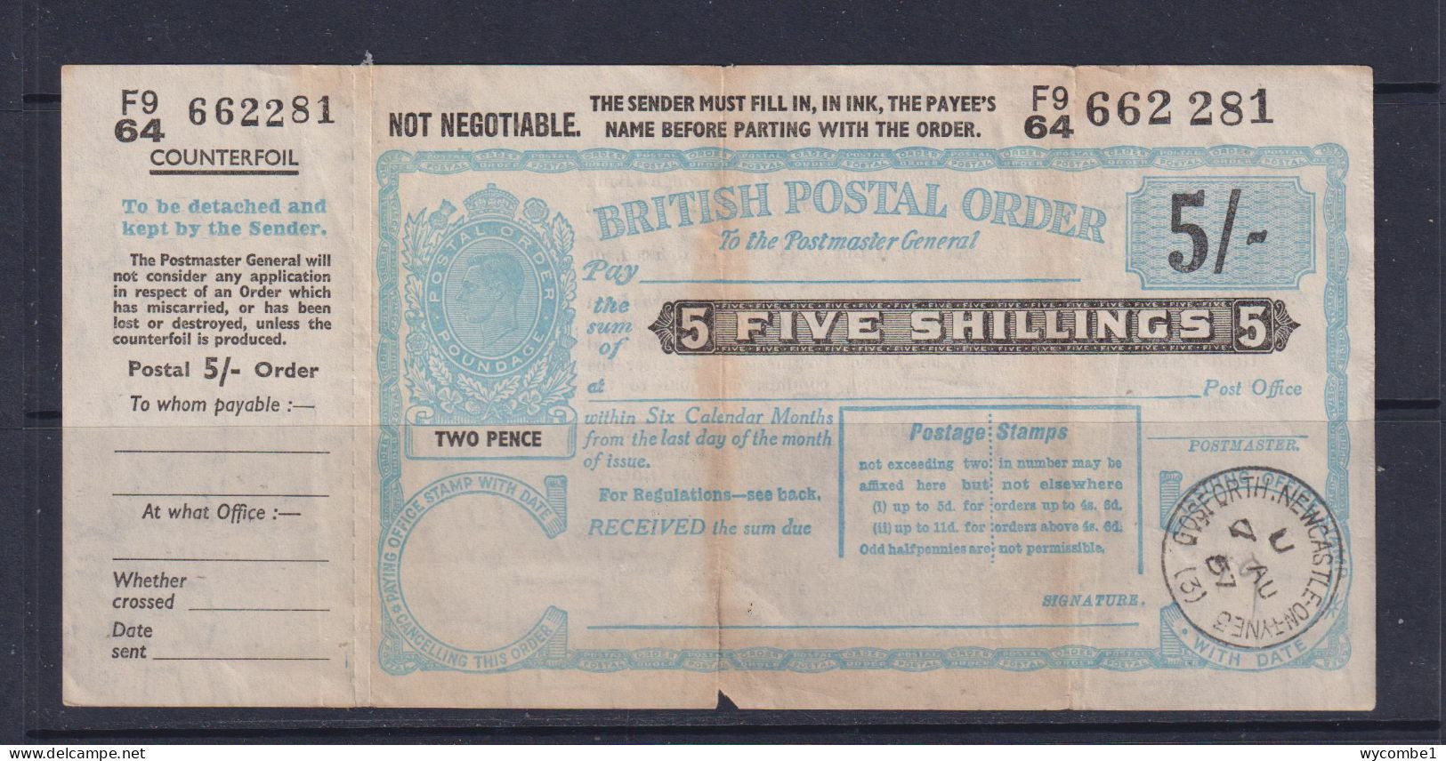 GREAT BRITAIN - 1957 (George VI) 5 Shilling Postal Order - Cheques En Traveller's Cheques