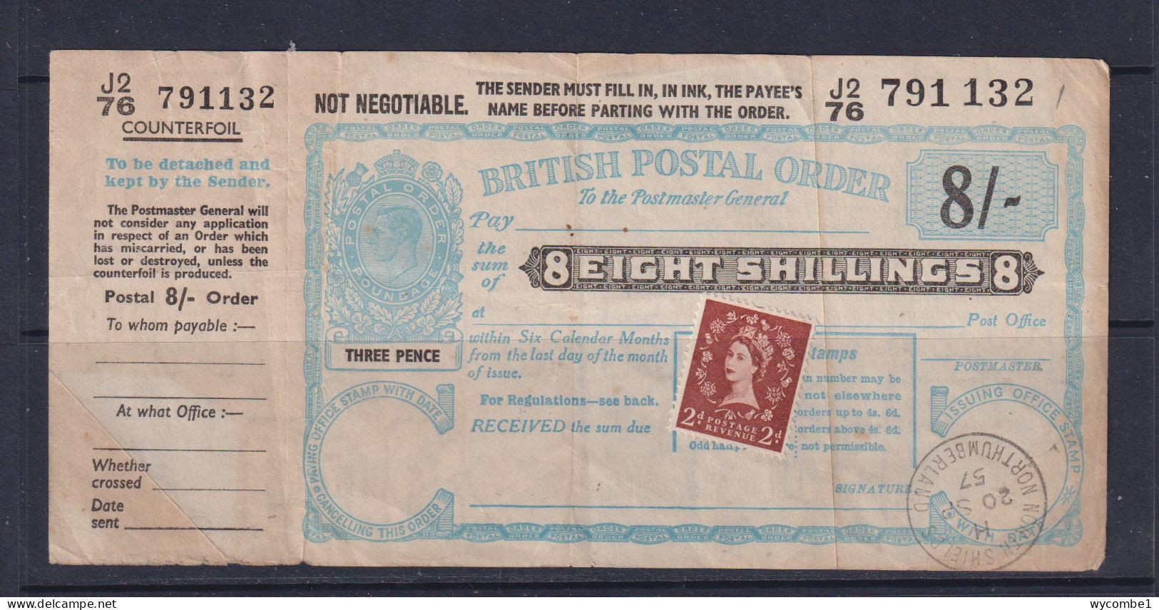 GREAT BRITAIN - 1957 (George VI) 8 Shillings And 2 Pence Postal Order - Cheques & Traveler's Cheques