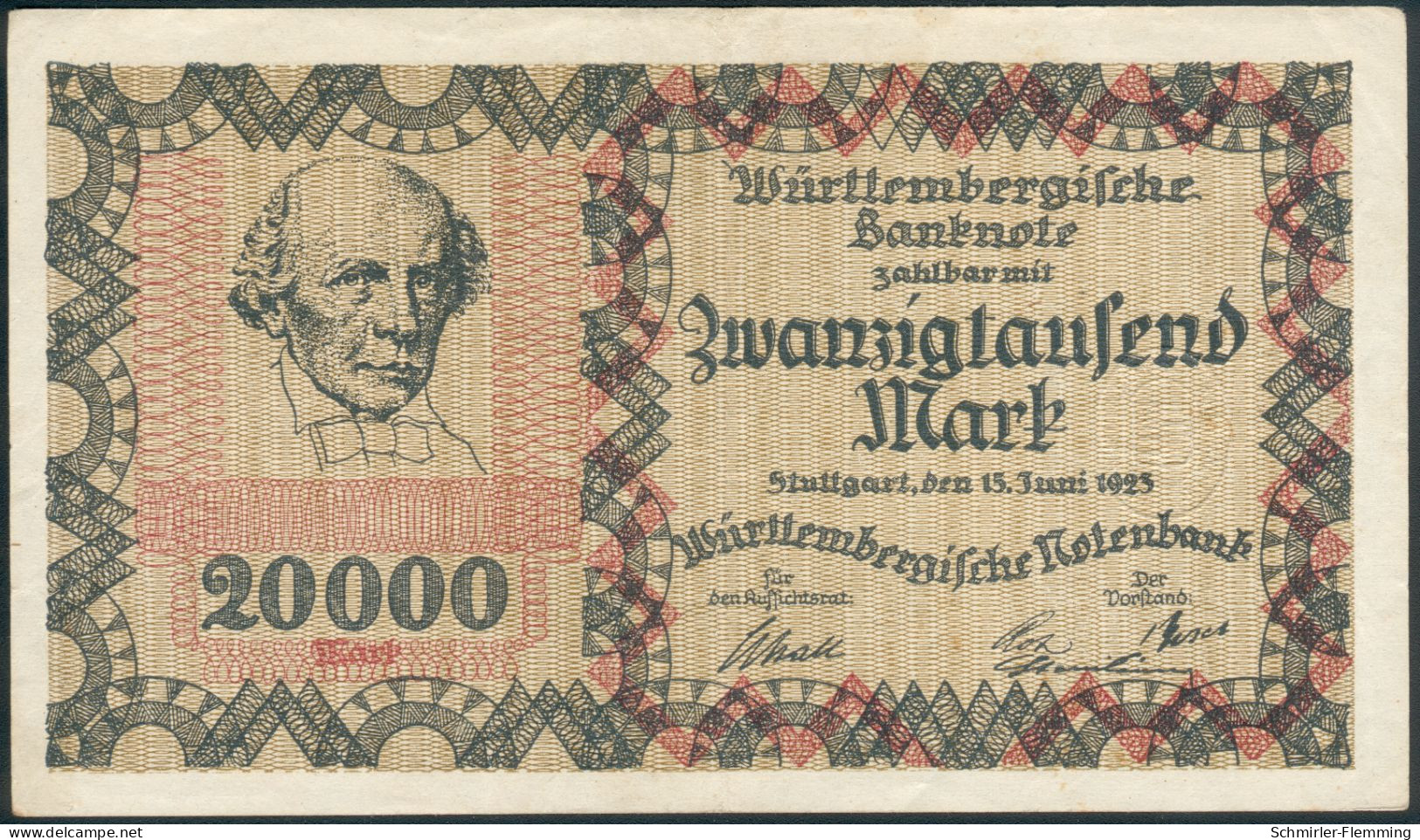 Württembergische Bank 20.000 Mark 15. Juni 1923 Rote Kenn Nr.690701(6stellig) II- - 20000 Mark