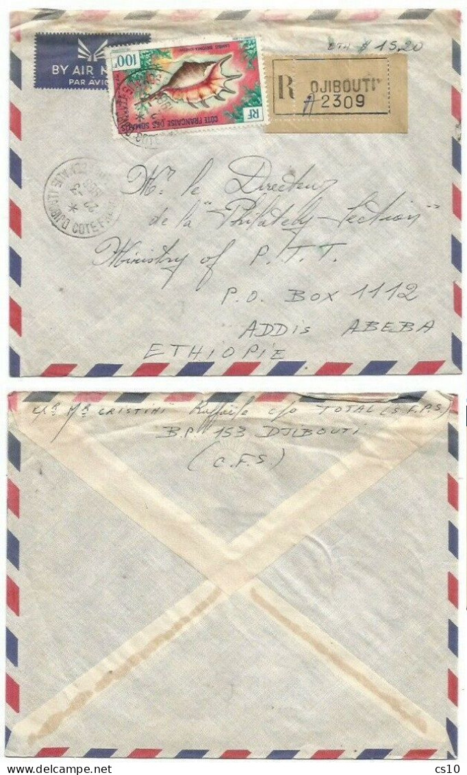 Cote Somalis Coquilles Conchiglie Shells F100 SOLO Airmail Reg.CV Djibouti 22mar66 X Ethiopia - Lettres & Documents