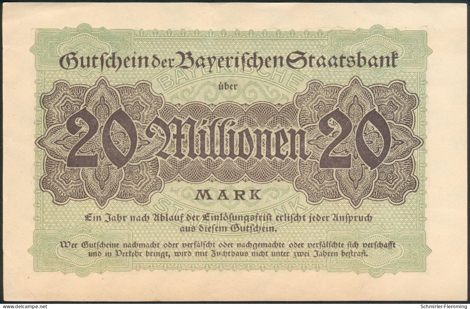 Bayerische Bank 20 Millionen Mark 1. Aug. 1923 Rote Kenn Nr.500791(6stellig) UNC.- - 20 Millionen Mark