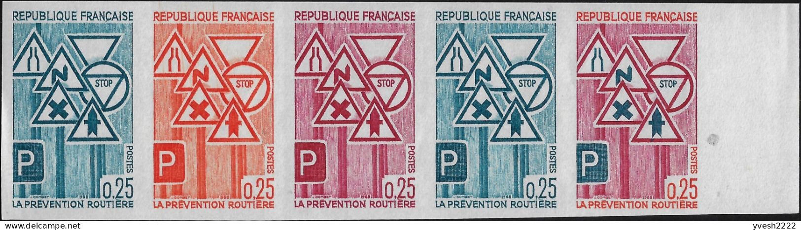 France 1968 Y&T 1548. Essai De Couleurs En Bande De 5. Sécurité Ou Prévention Routière. Panneaux - Unfälle Und Verkehrssicherheit