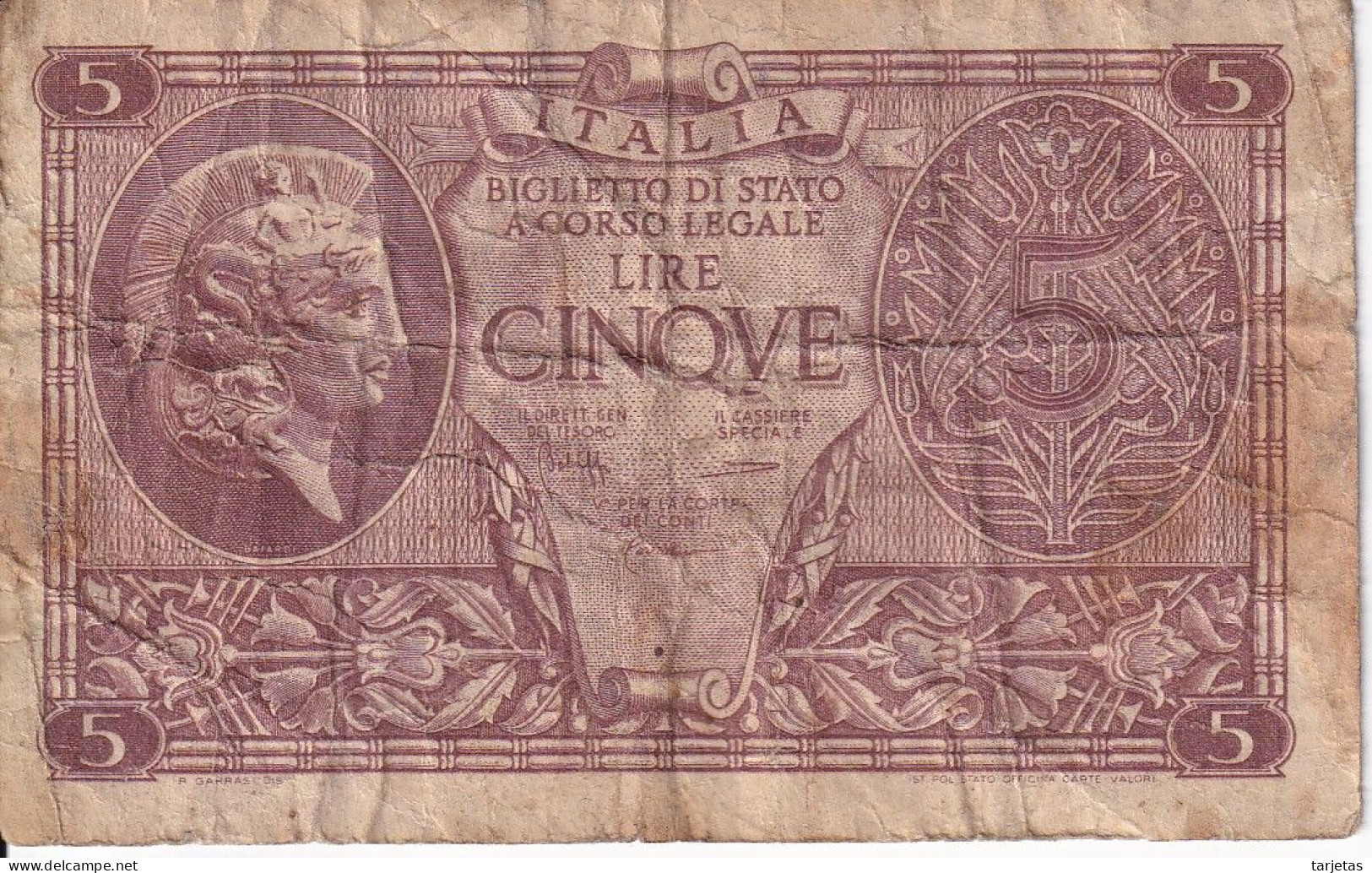 BILLETE DE ITALIA DE 5 LIRE  BIGLIETO DI STATO DEL AÑO 1944 (BANKNOTE) - Italia – 5 Lire