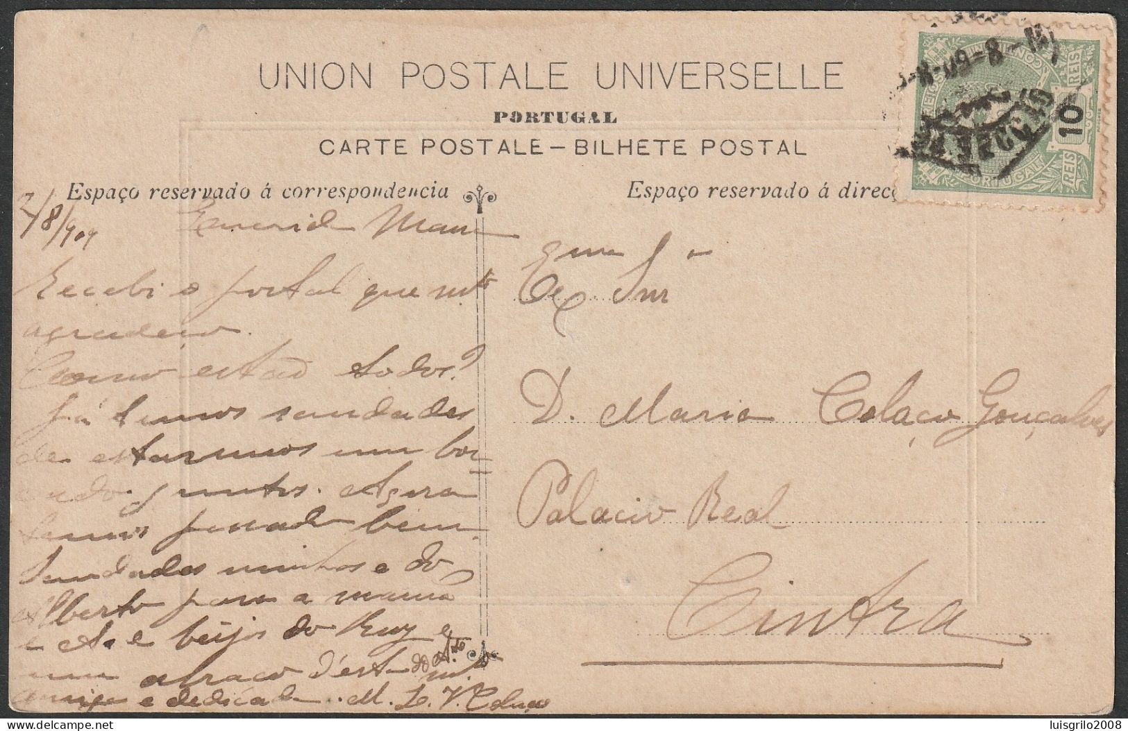 Postcard, D. Carlos 10 Rs. - 1909. Lisboa To Cintra - Briefe U. Dokumente