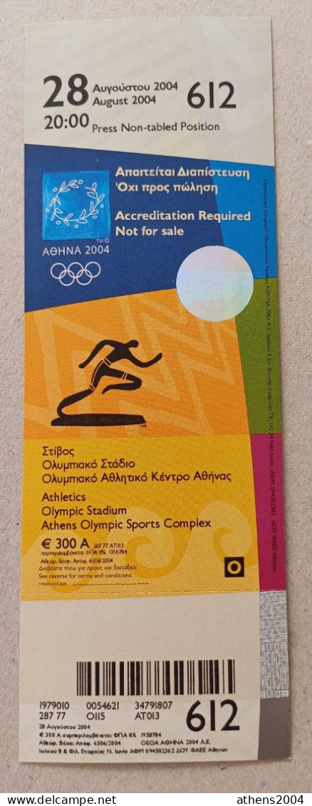 Athens 2004 Olympic Games - Athletics Unused Ticket, Code: 612 - Kleding, Souvenirs & Andere