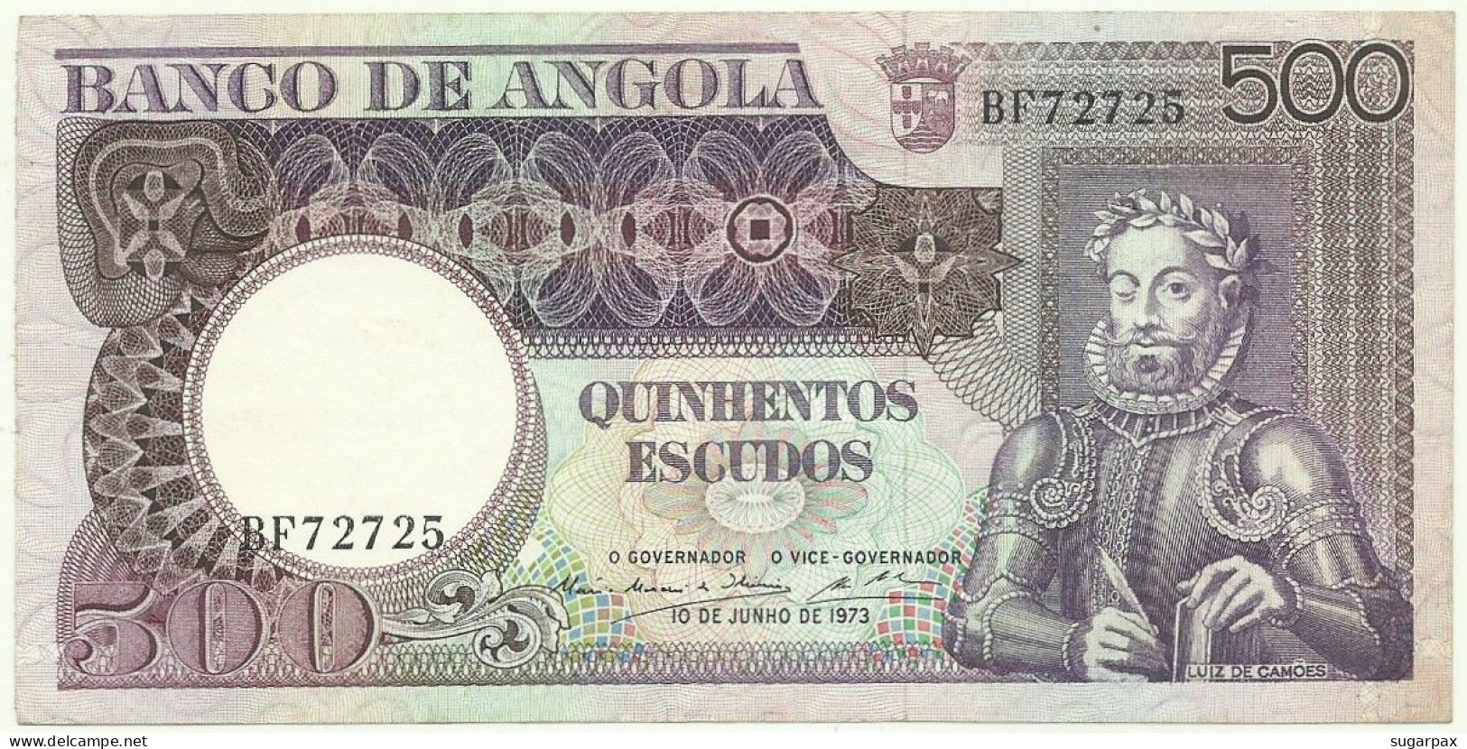 Angola - 500 Escudos - 10.6.1973 - Pick: 107 - Serie BF - Luiz De Camões - PORTUGAL - Angola