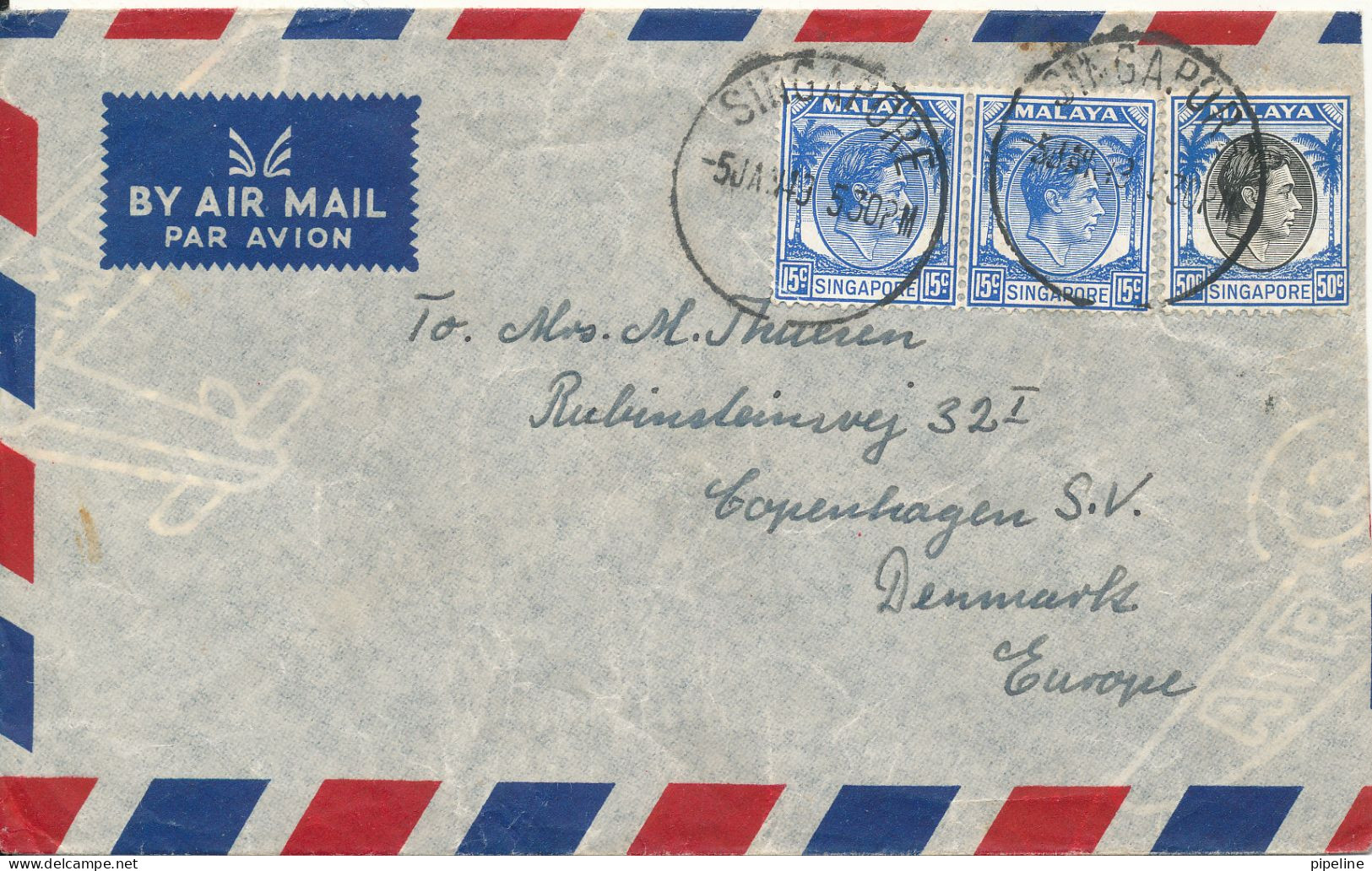 Malaya Singapore Air Mail Cover Sent To Denmark 5-1-1949 - Singapur (...-1959)