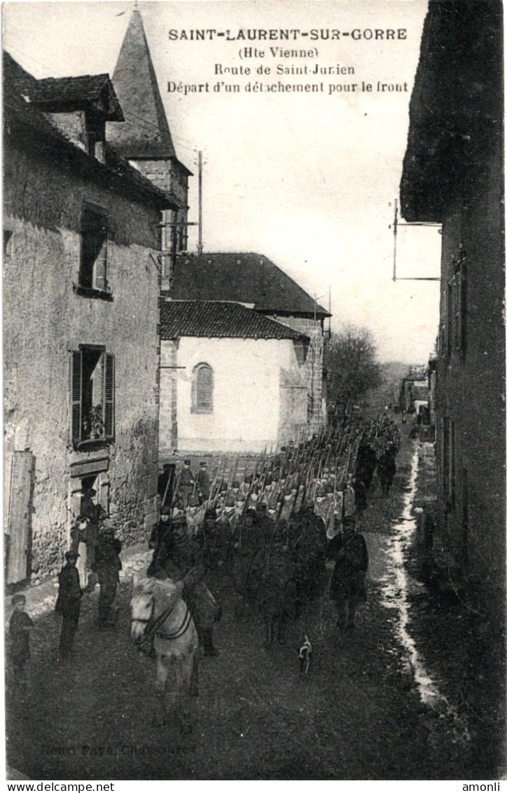 87. HAUTE-VIENNE - SAINT-LAURENT SUR GORRE. Route De St-Junien. Départ D'un Détachement Pour Le Front. Guerre 1914-1918. - Saint Laurent Sur Gorre