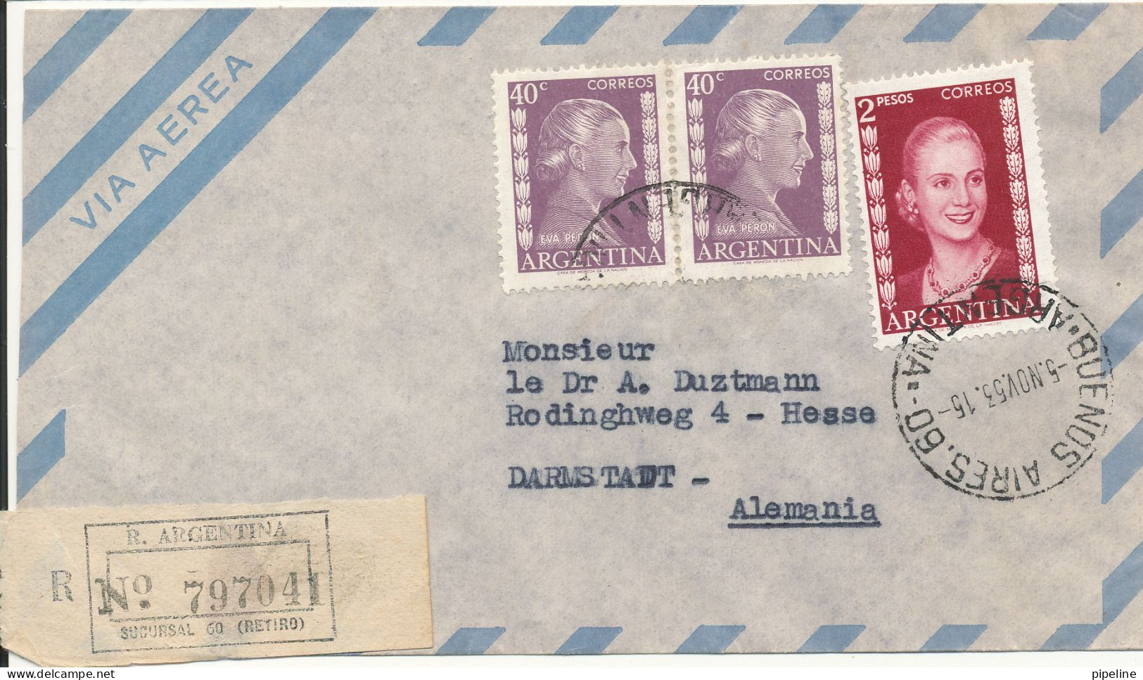 Argentina Registered Air Mail Cover Sent To Germany 5-11-1953 - Covers & Documents