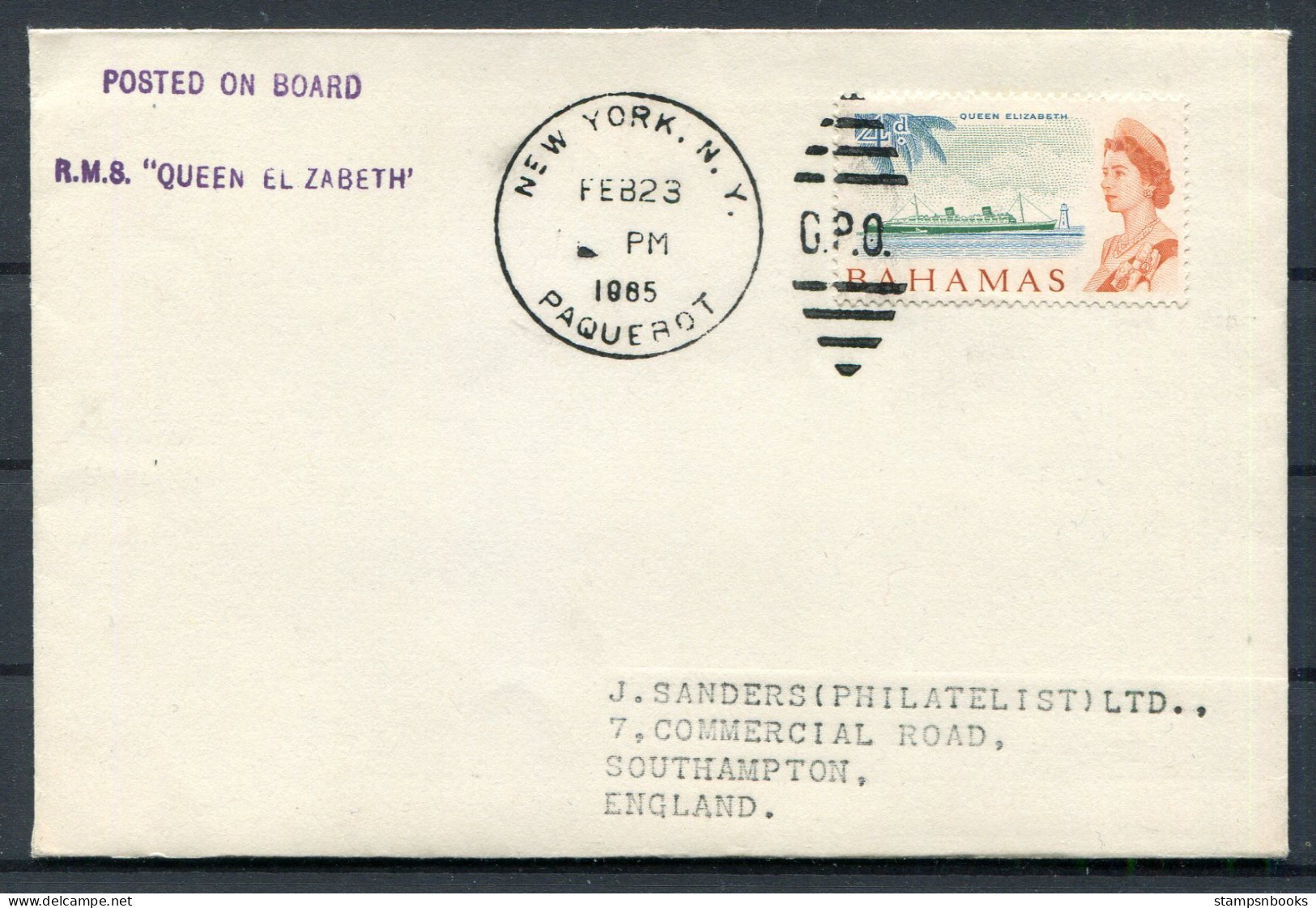 1965 Bahamas R.M.S. "QUEEN ELIZABETH" New York, USA Paquebot Ship Cover  - 1963-1973 Interne Autonomie