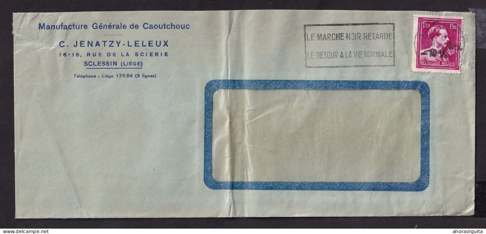 DDFF 595 -- Enveloppe TP Surcharge Locale Moins 10 % DOUBLE , LIEGE 1946 - Entete Caoutchouc Jenatzy à SCLESSIN - 1946 -10 %