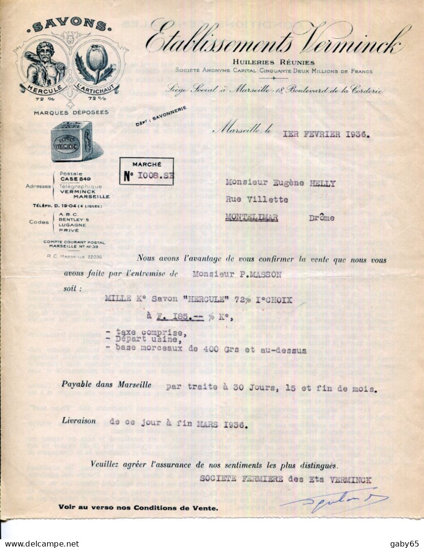 FACTURE.13.MARSEILLE.SAVONS " HERCULE & L'ARTICHAUT " EtsVERMINCK HUILERIES RÉUNIES 18 BOULEVARD DE LA CORDERIE. - Drogerie & Parfümerie