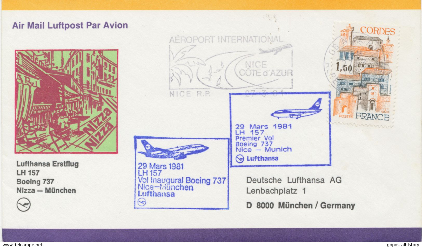 FRANKREICH 1981 Erstflug Deutsche Lufthansa Mit Boeing 737 Flug LH 157 „NIZZA – MÜNCHEN“ M Zwei Verschiedene Flugstempel - First Flight Covers