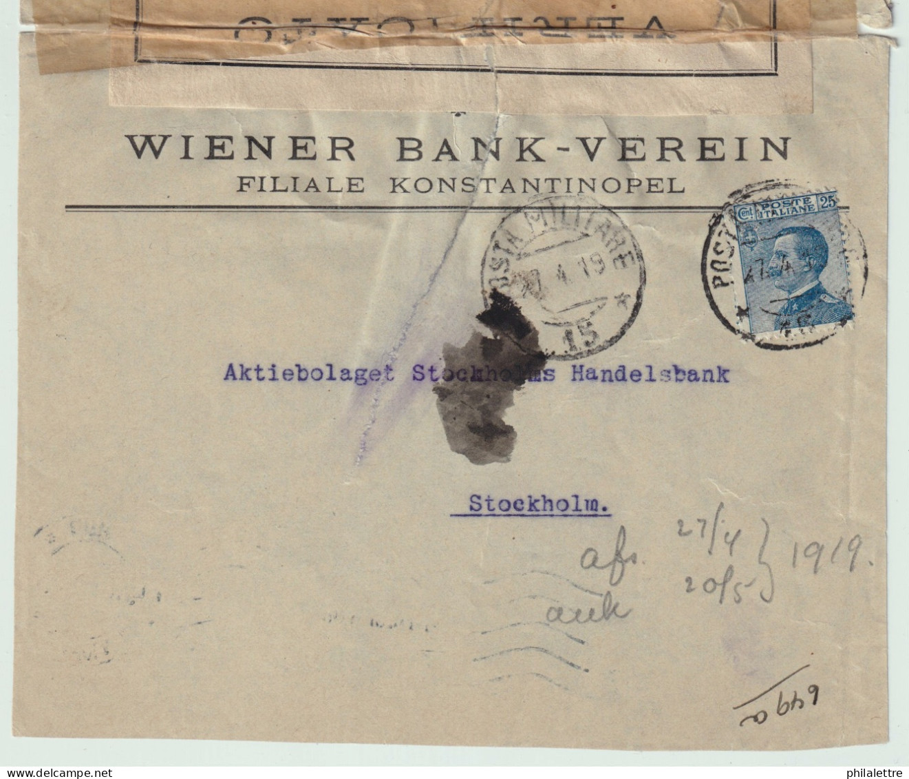 ITALY / LEVANT 1919 Cover Via "POSTA MILITARE * 15 *" In CONSTANTINOPLE Censored (Alto Commissariato Italiano) To Sweden - Militärpost (MP)