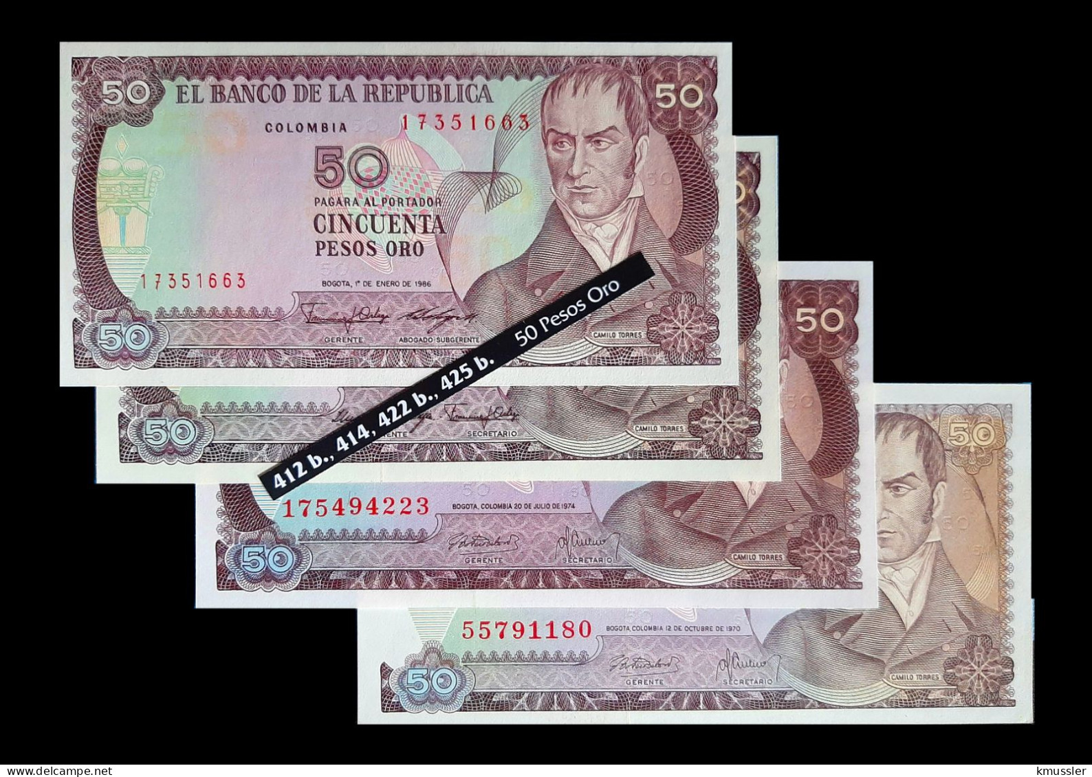 # # # 4 X Banknoten Kolumbien (Colombia) 50 Pesos Oro UNC # # # - Colombie