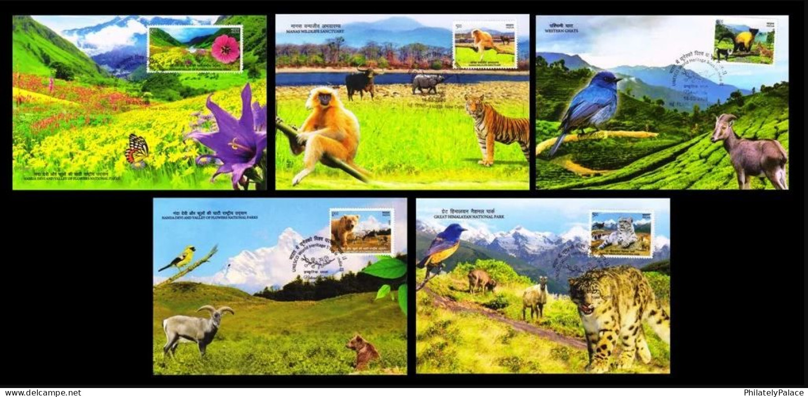 INDIA 2020 UNESCO World Heritage,Natural Sites,Flower, Monkey, Tiger,Bird,Bear,Butterfly,Set Of 5 Maxim Cards (**) RARE - Covers & Documents