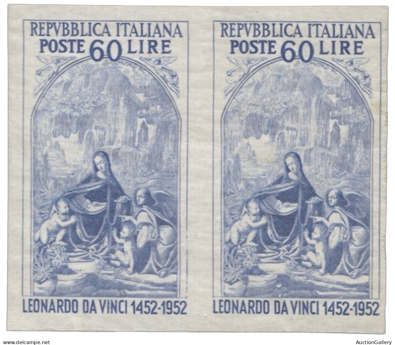 Italia - Repubblica - 1952 Repubblica - 60 Lire Leonardo Da Vinci Coppia Orizzontale Non Dentellata - Cert. ED - (687b) - Otros & Sin Clasificación