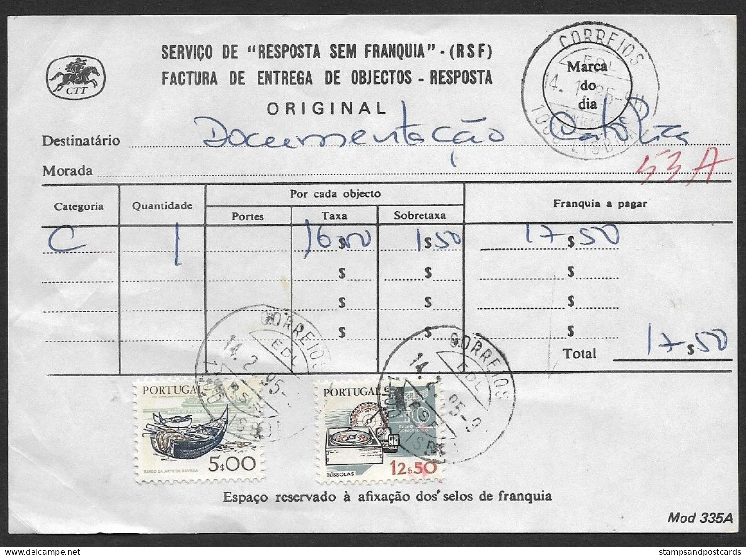 Portugal Document Timbré Avec Cachet A Date RSF Réponse Payée 1985 Date Stamp Business Reply Service - Marcophilie