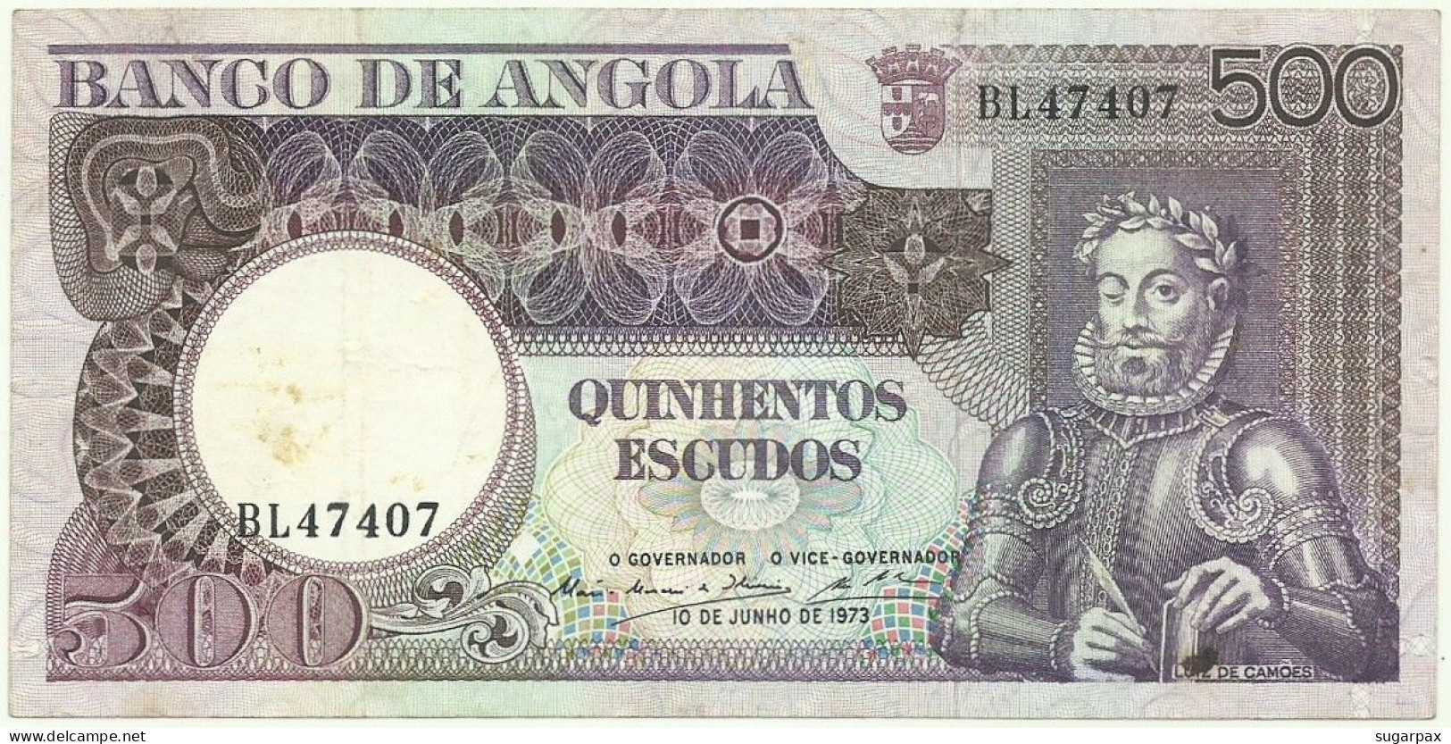 Angola - 500 Escudos - 10.6.1973 - Pick: 107 - Serie BL - Luiz De Camões - PORTUGAL - Angola