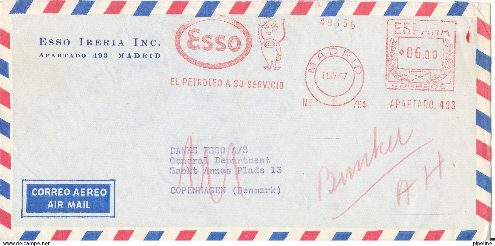 Spain Air Mail Cover With Meter Cancel Madrid 11-4-1967 (ESSO El Petroled A Su Servicio) - Covers & Documents