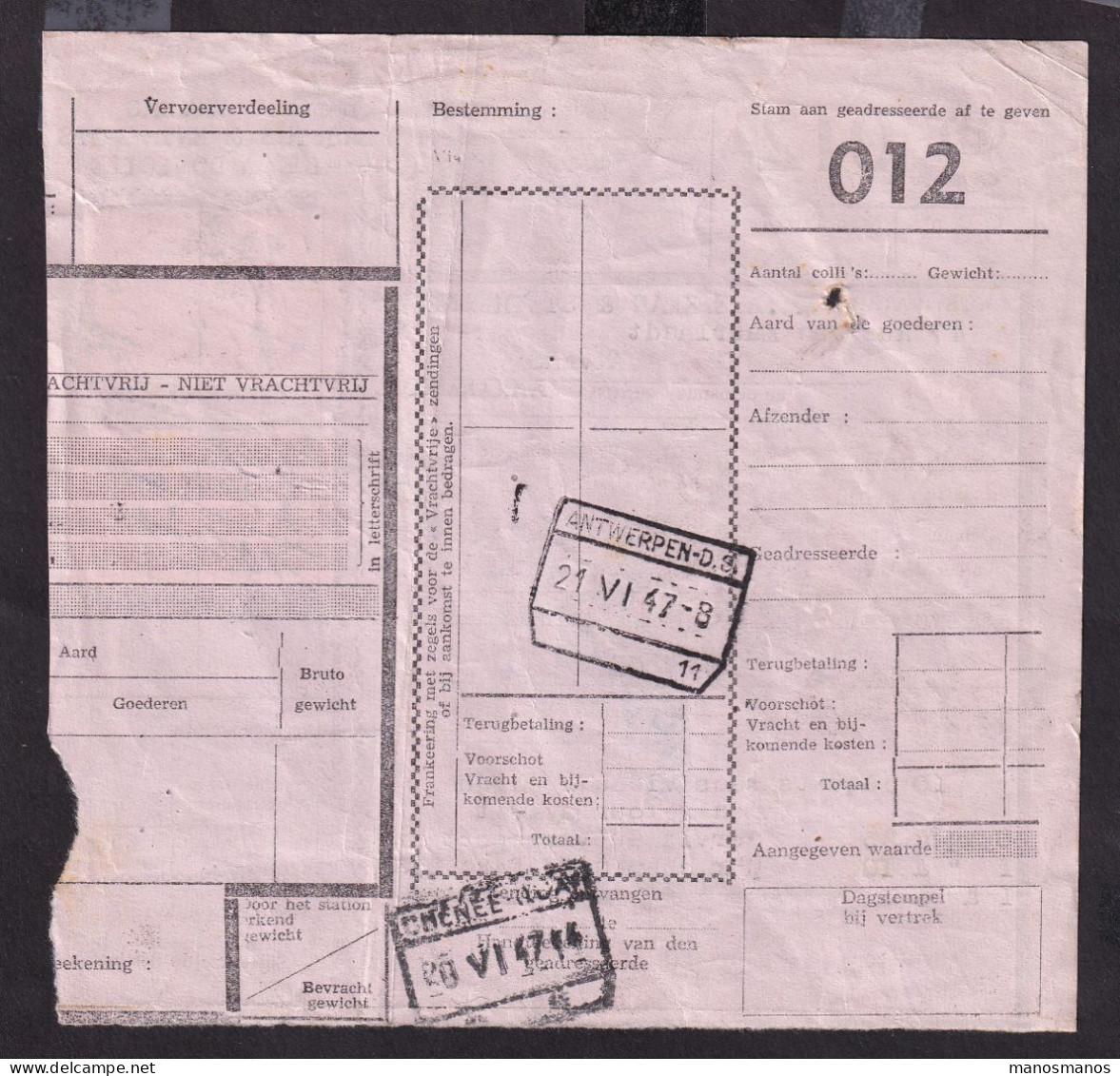 DDFF 577 - Timbre Chemin De Fer S/ Bulletin D'Expédition - Gare De HUY NORD 1947 - S.A. Magea , Dépot De HUY - Documentos & Fragmentos