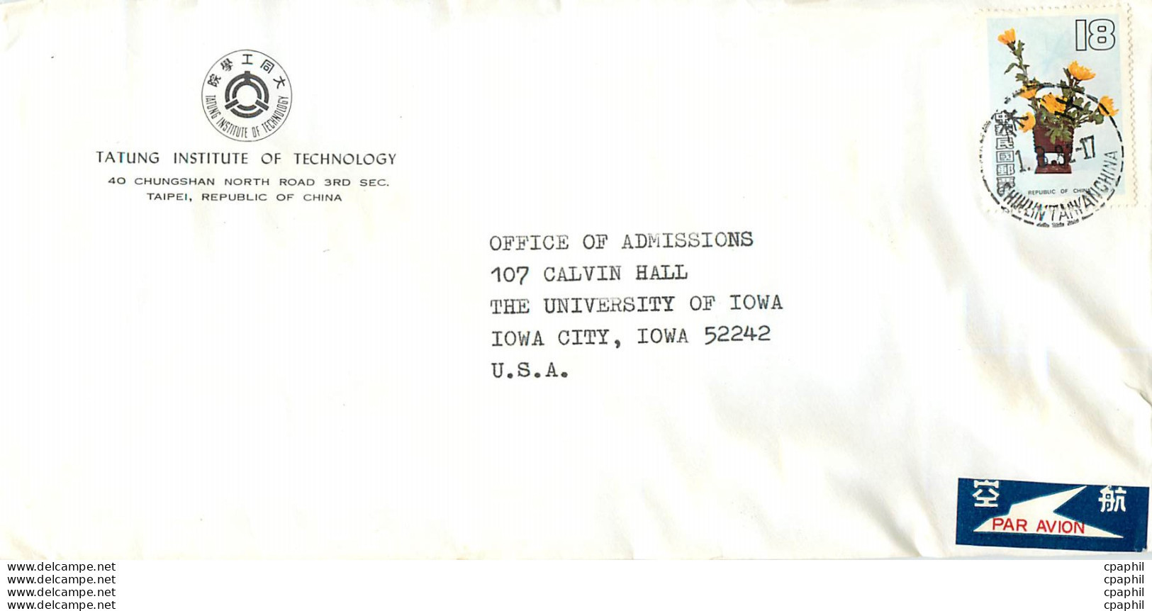 Lettre Cover For University Of Iowa Chine - Briefe U. Dokumente