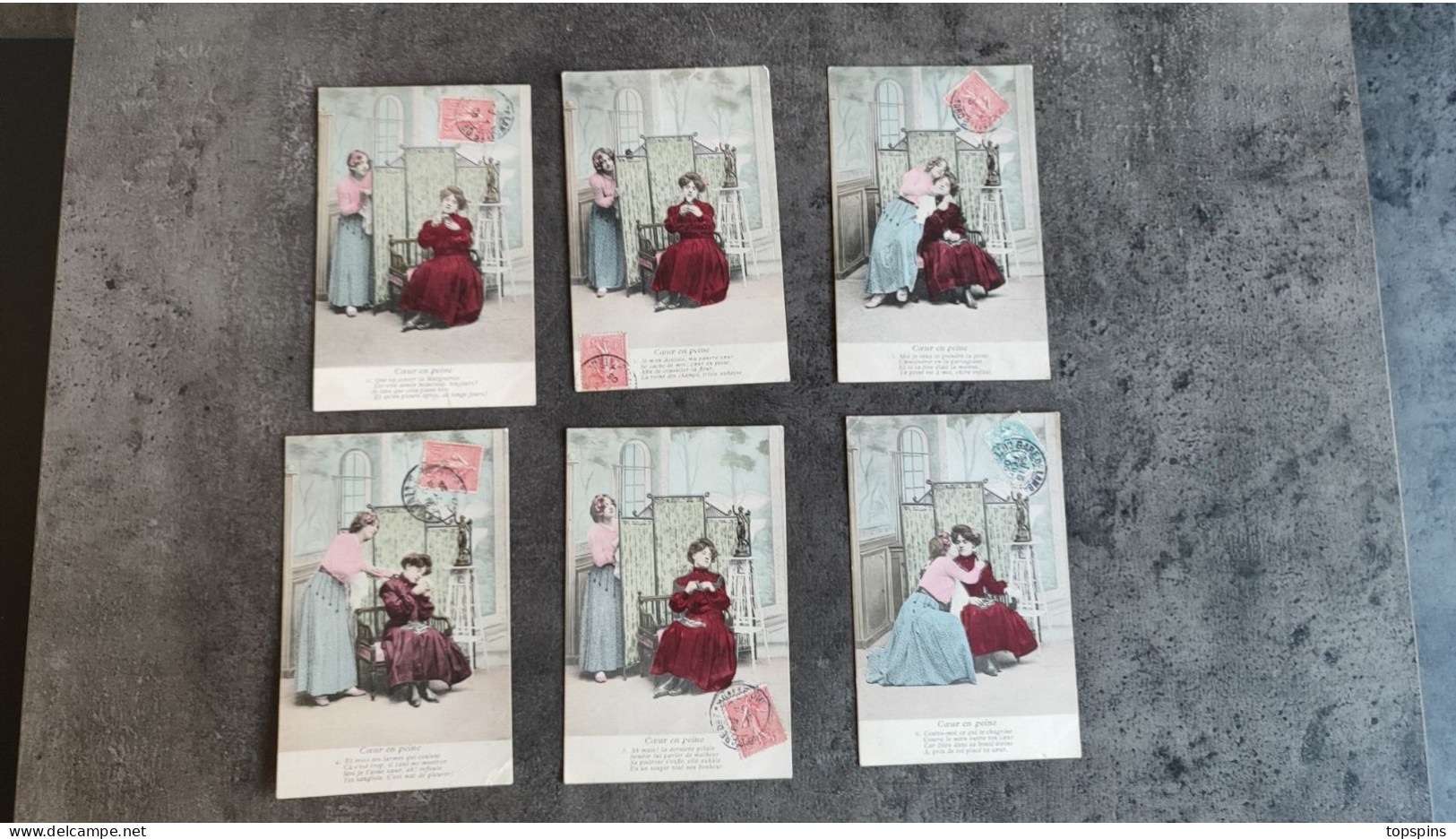 SERIE COMPLETE 6 CARTE POSTALE CP FANTAISIE AMOUR COEUR EN PEINE 1905 TBE - Collections & Lots