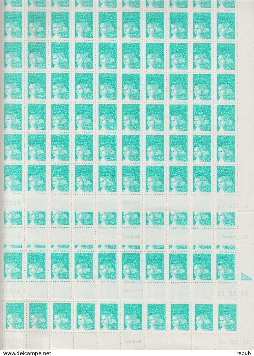 France 2002 Marianne Luquet 3445 Lot 4 Feuilles De 100 Tirage 22.02.02 ** MNH - Full Sheets