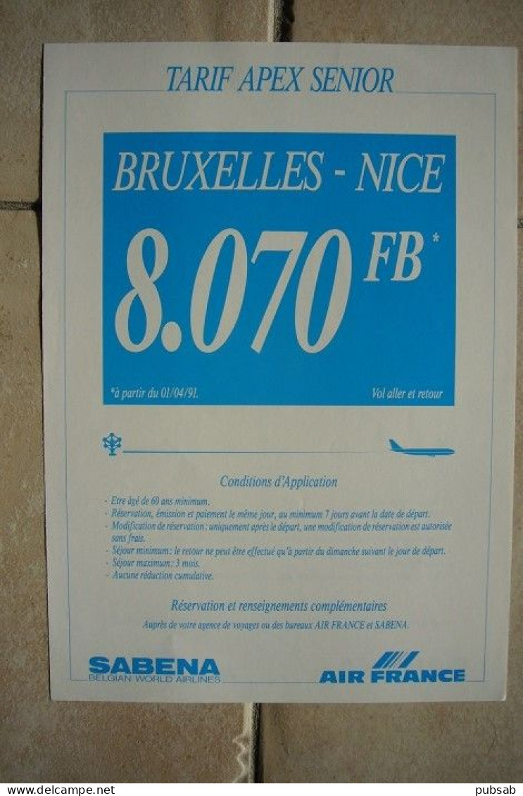 Avion / Airplane / SABENA - AIR FRANCE  / Affichette Originale A4 / Vol Bruxelles - Nice - Publicités