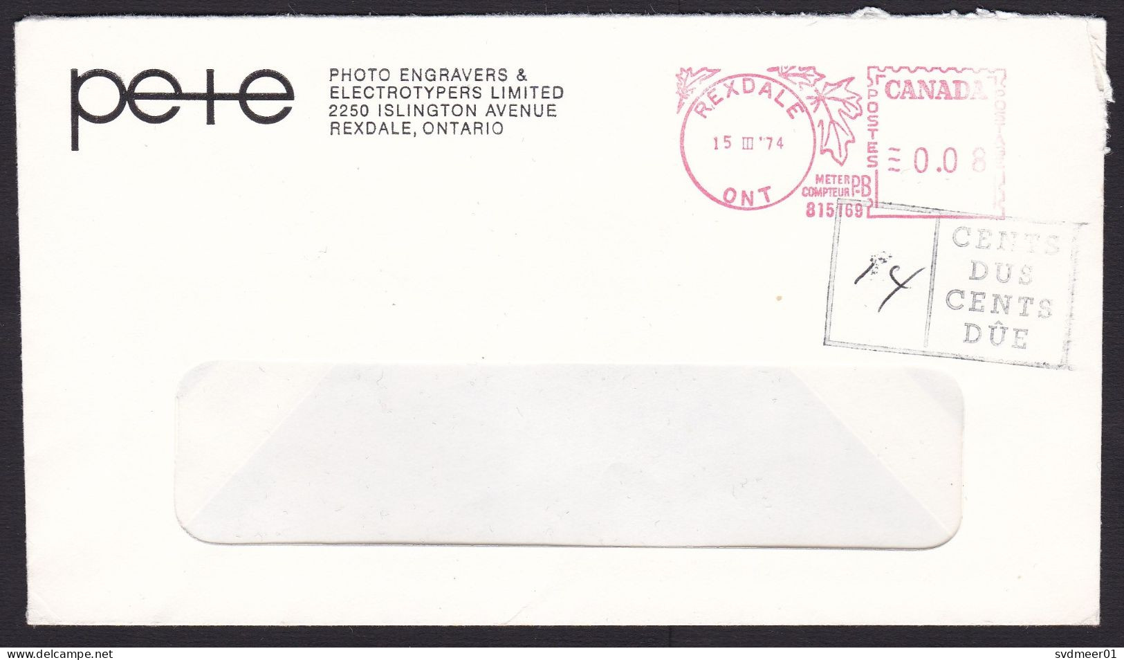 Canada: Cover, 1974, Meter Cancel, Rexdale, Cancel Postage Due, Taxed, To Pay (roughly Opened) - Lettres & Documents