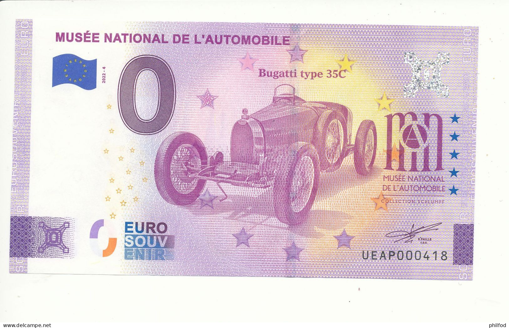 Billet Touristique 0 Euro - MUSEE NATIONALE DE L'AUTOMOBILE - UEAP - 2022-4 - N° 418 - Billet épuisé - Other & Unclassified