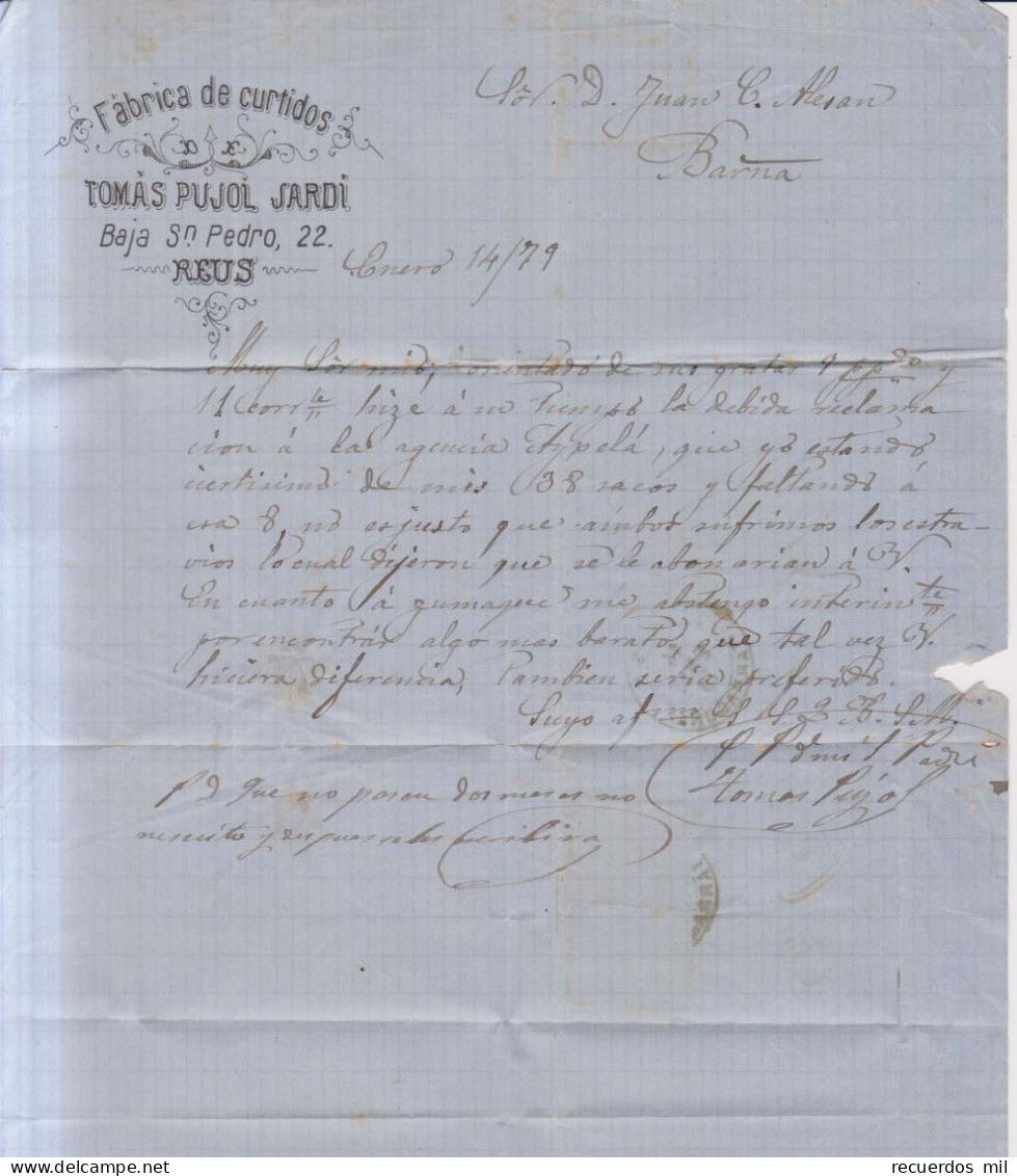 Año 1878 Edifil 192-188 Alfonso XII  Carta  Matasellos Reus Tarragona Membrete Curioso De Tomas Pujol Jardi - Covers & Documents