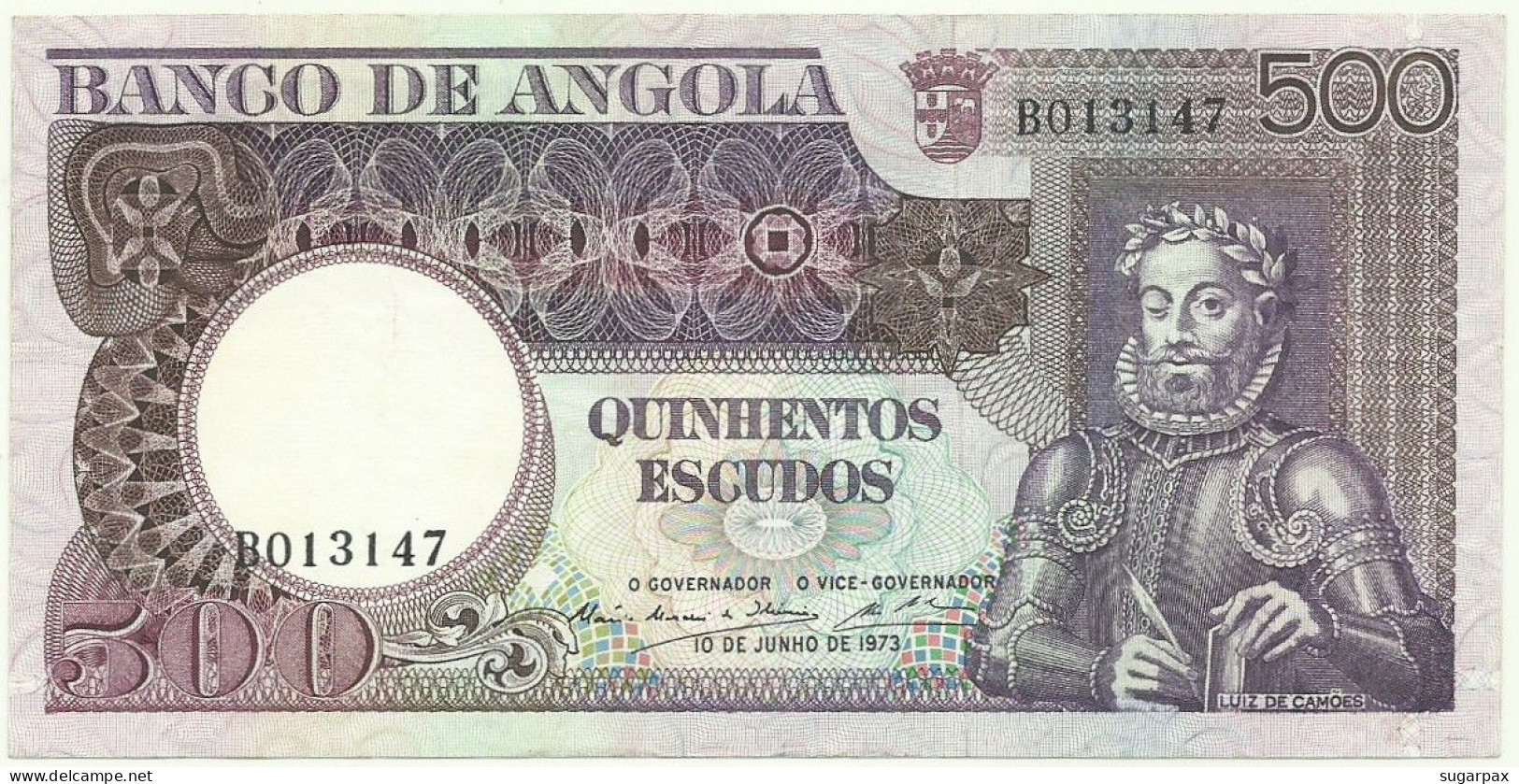 Angola - 500 Escudos - 10.6.1973 - Pick: 107 - Serie BO - Luiz De Camões - PORTUGAL - Angola