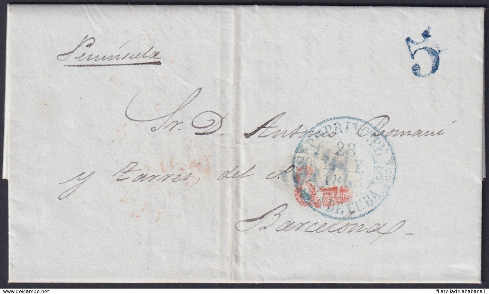 PREFI-794 CUBA 1853 STAMPLESS PUERTO PRINCIPE TO BARCELONA. 8ms TAXE.  - Préphilatélie