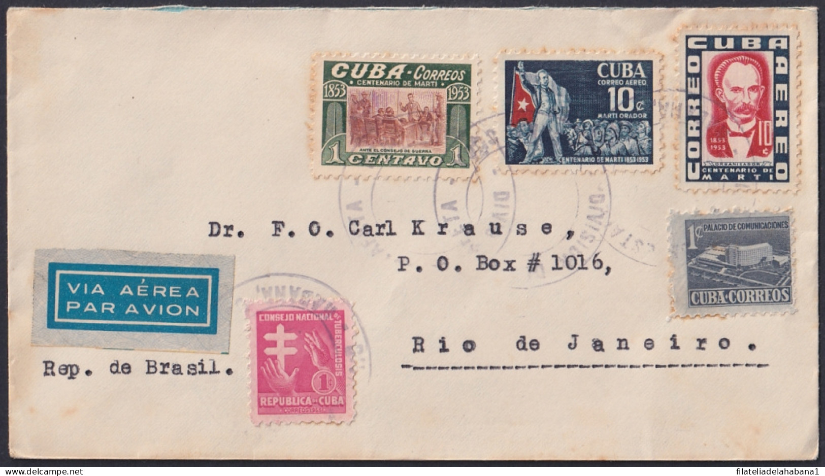 1953-H-43 CUBA REPUBLICA 1953 JOSE MARTI AIR MAIL COVER TO BRAZIL BRASIL. - Covers & Documents