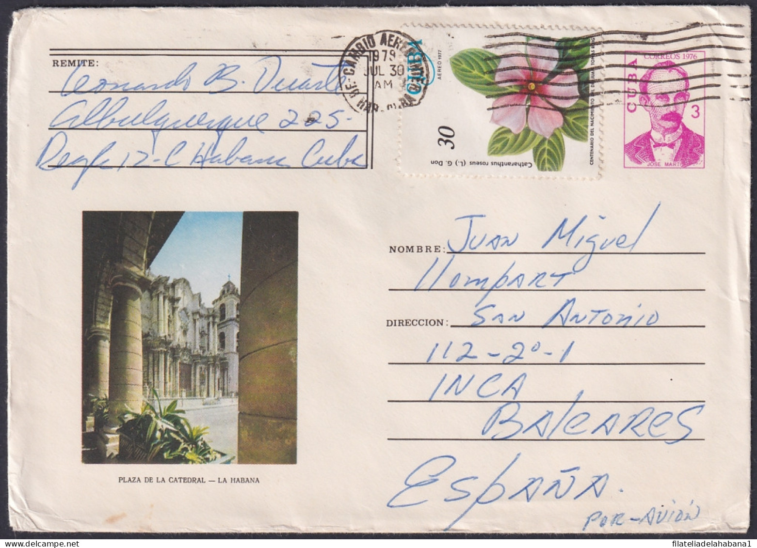 1976-EP-99 CUBA 1976 3c POSTAL STATIONERY COVER TO SPAIN. HAVANA CATHEDRAL CHURCH.  - Lettres & Documents