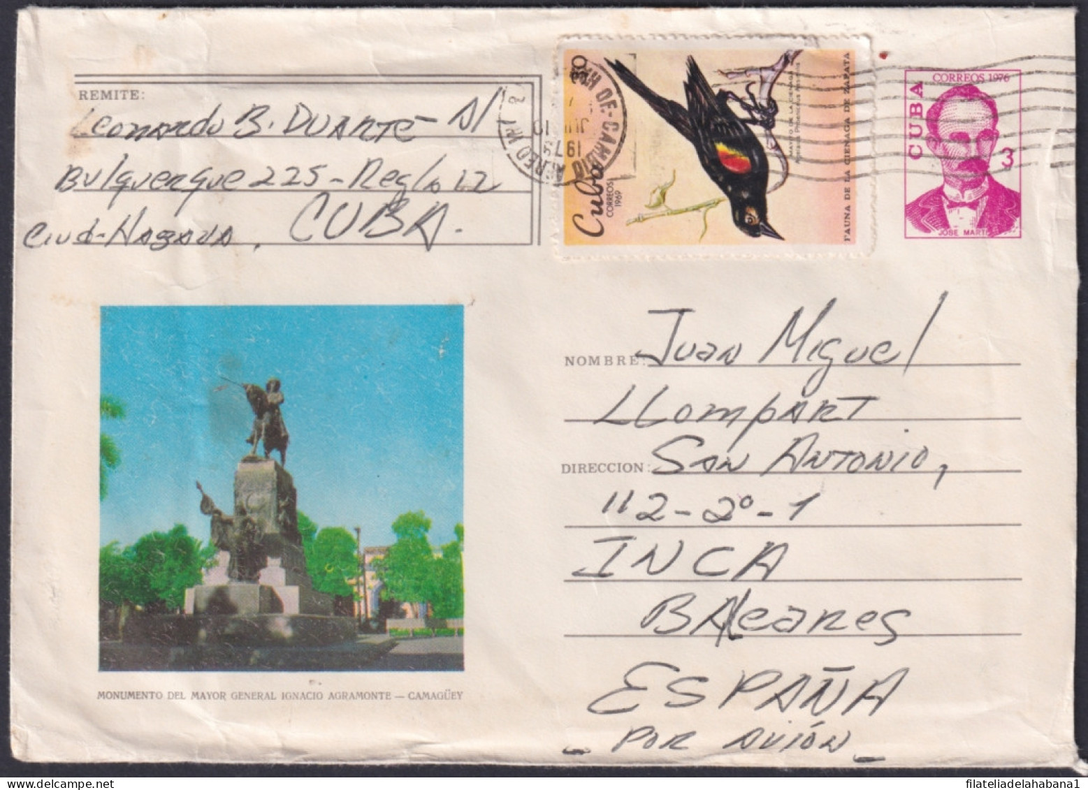 1976-EP-100 CUBA 1976 3c POSTAL STATIONERY COVER TO SPAIN. CAMAGUEY AGRAMONTE MONUMENT.  - Lettres & Documents