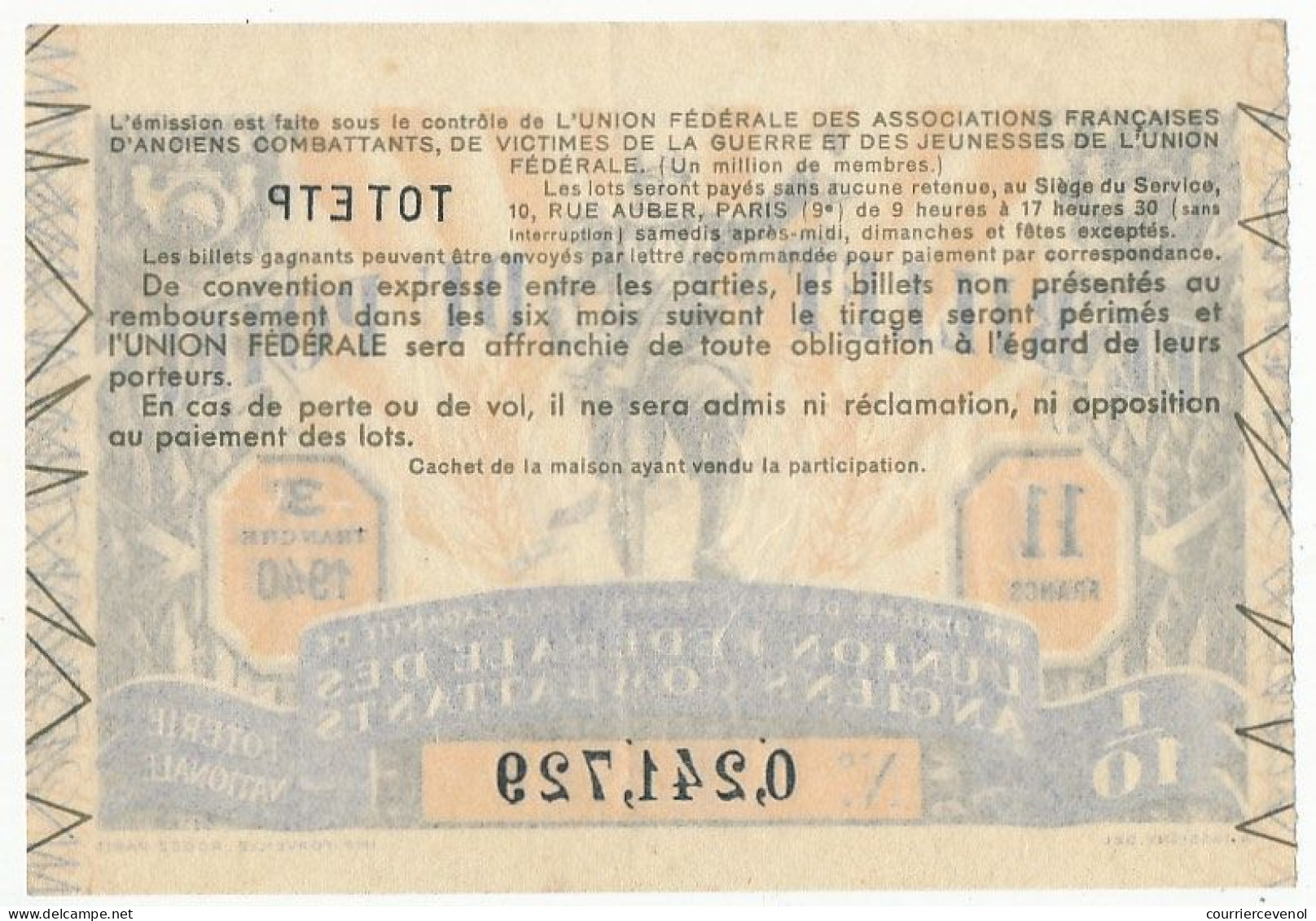 FRANCE - Loterie Nationale - Le Billet Du Poilu - 1/10ème - 3ème Tranche 1940 - Lotterielose