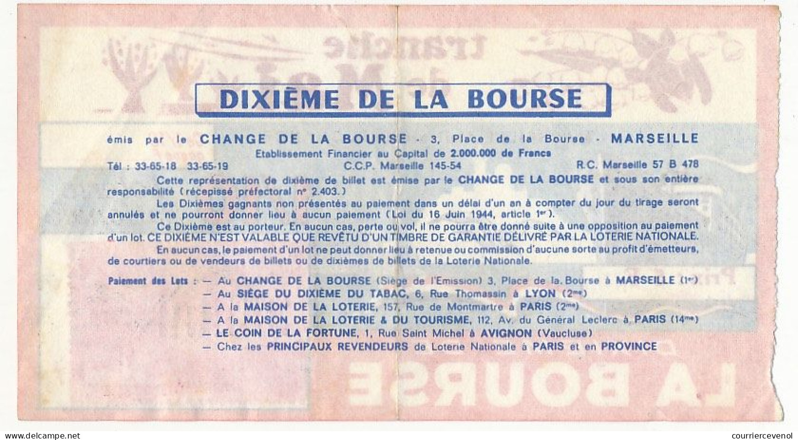 FRANCE - Loterie Nationale - Tranche De Mai - Marseille Capitale De La Chance - 1/10ème De La Bourse 1971 - Lotterielose