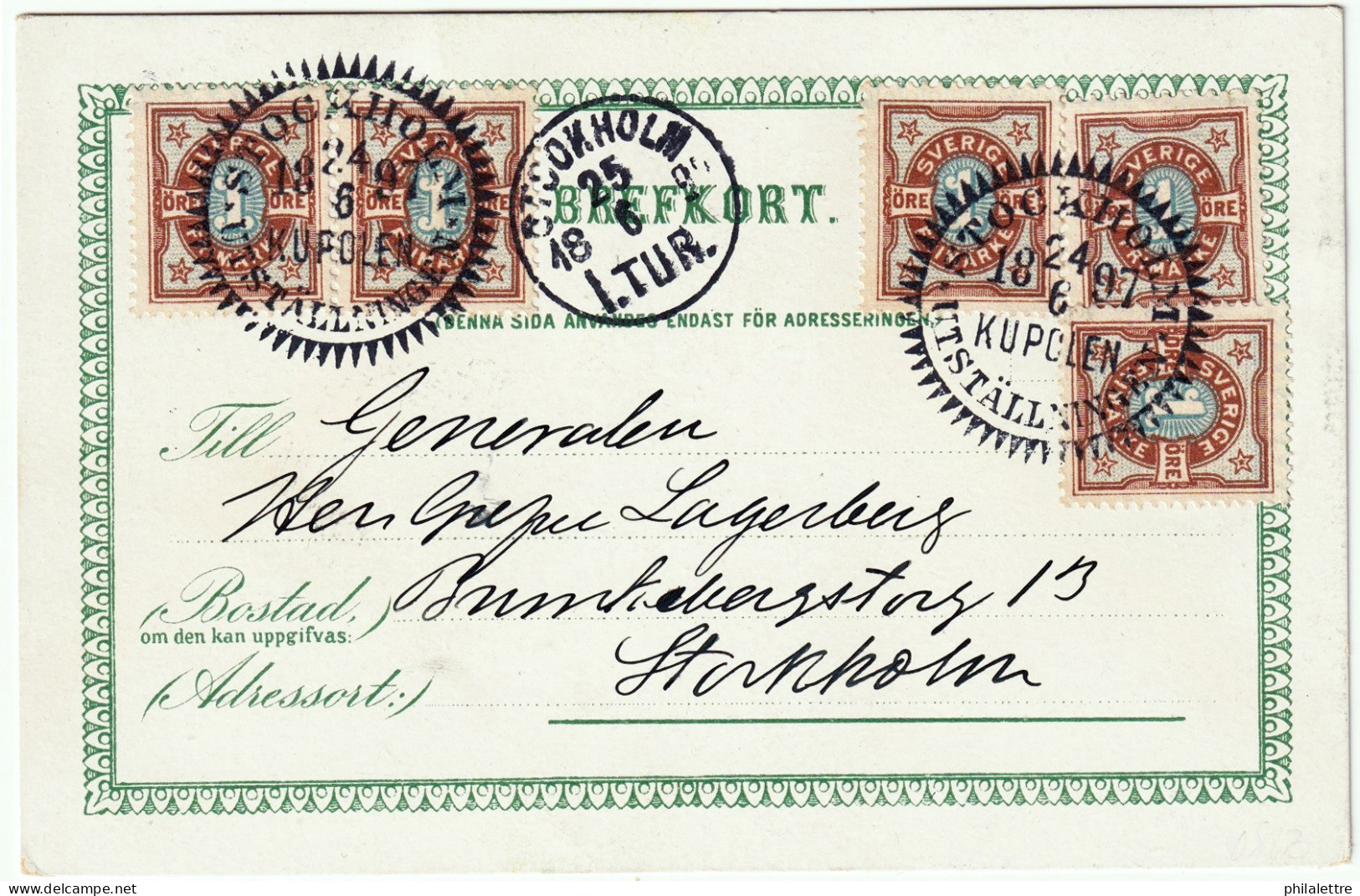 SUÈDE / SWEDEN 1897 Special "STOCKHOLM UTSTÄLLNINGEN" Postmark On 5xMi.50 1ö (1892 Numeral Issue) On Exhibition Postcard - Briefe U. Dokumente