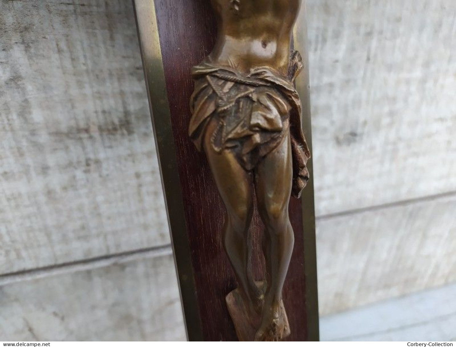 Grand Crucifix Acajou Christ Métal Patine Bronze Signé Hardy