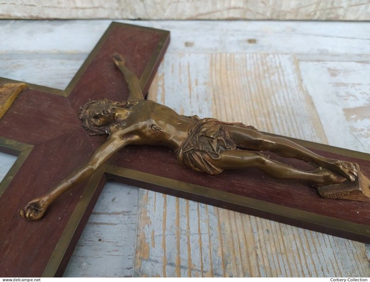 Grand Crucifix Acajou Christ Métal Patine Bronze Signé Hardy