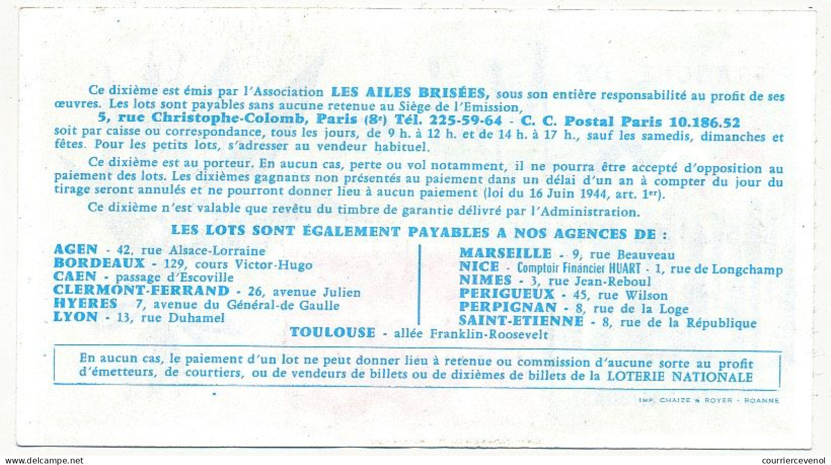 FRANCE - Loterie Nationale - Tranche Spéciale De Mai - Les Ailes Brisées - 1/10ème 1968 - Billetes De Lotería