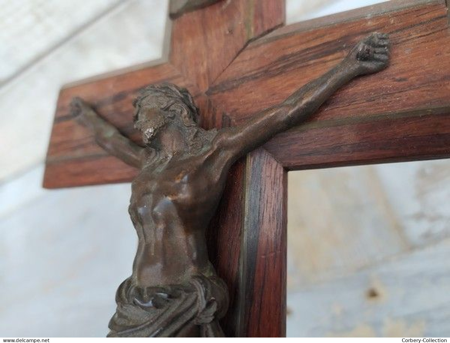 Ancienne Croix Crucifix Christ Métal Patine Bronze Bois Palissandre